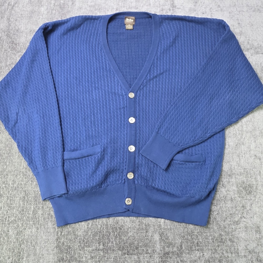 Vtg Neiman Marcus Cable Knit Cardigan Mens XL Blue Pockets Button Front Cotton